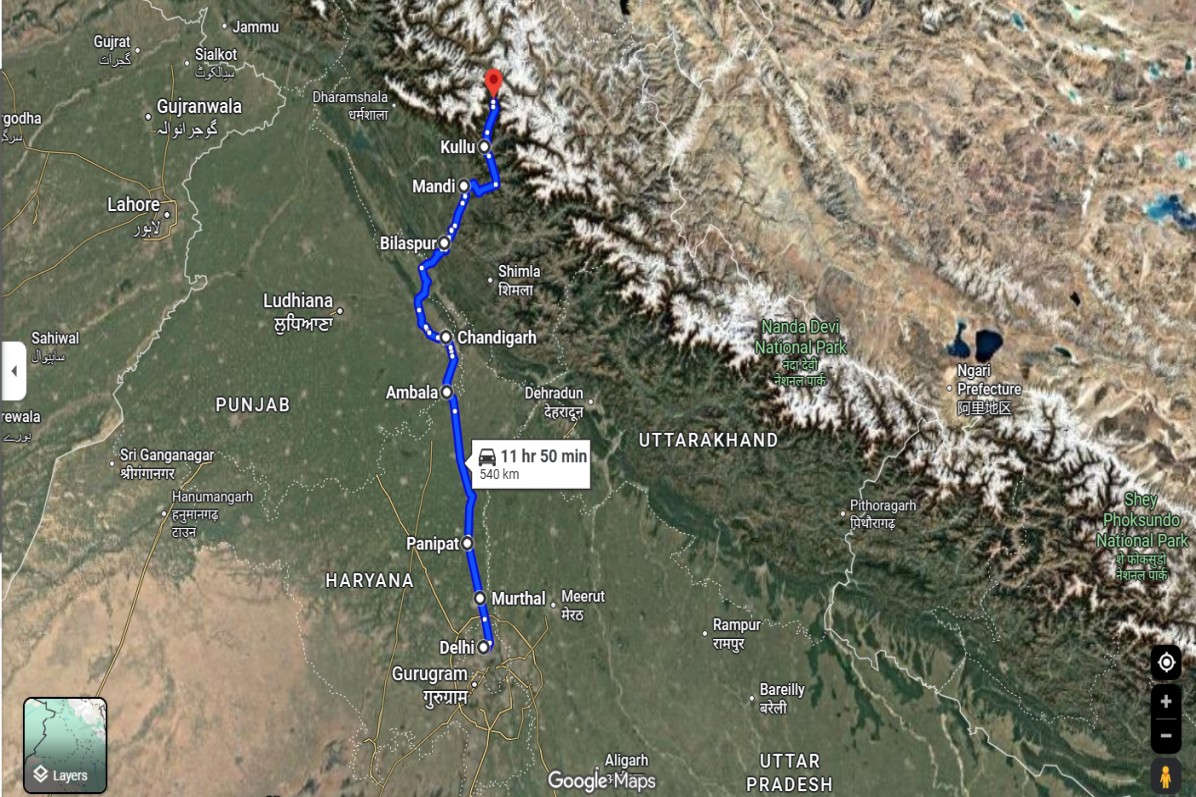 Road trip Route from Delhi to Manali 