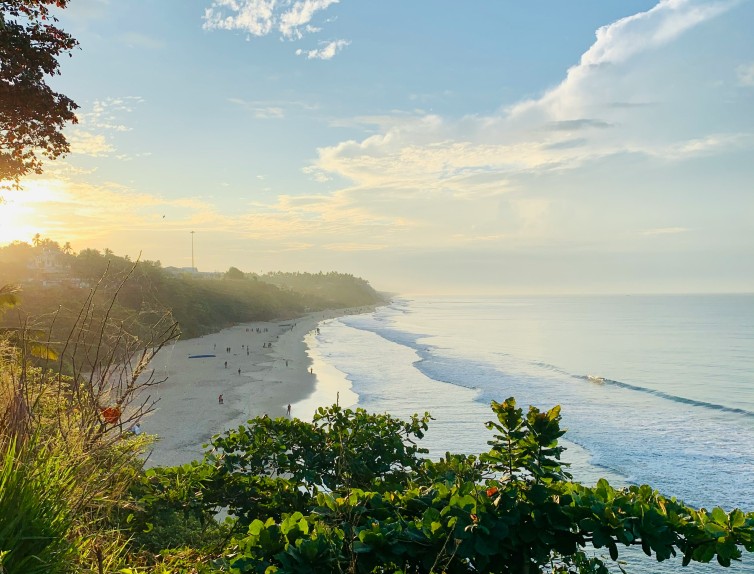 Aerial shot of Varkala’s coastline with palm trees and ocean breeze