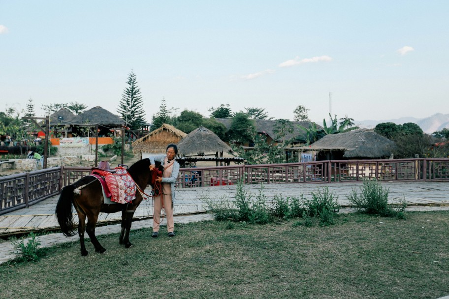 Peaceful afternoon in Pai, Thailand, with mountain views and a horse.