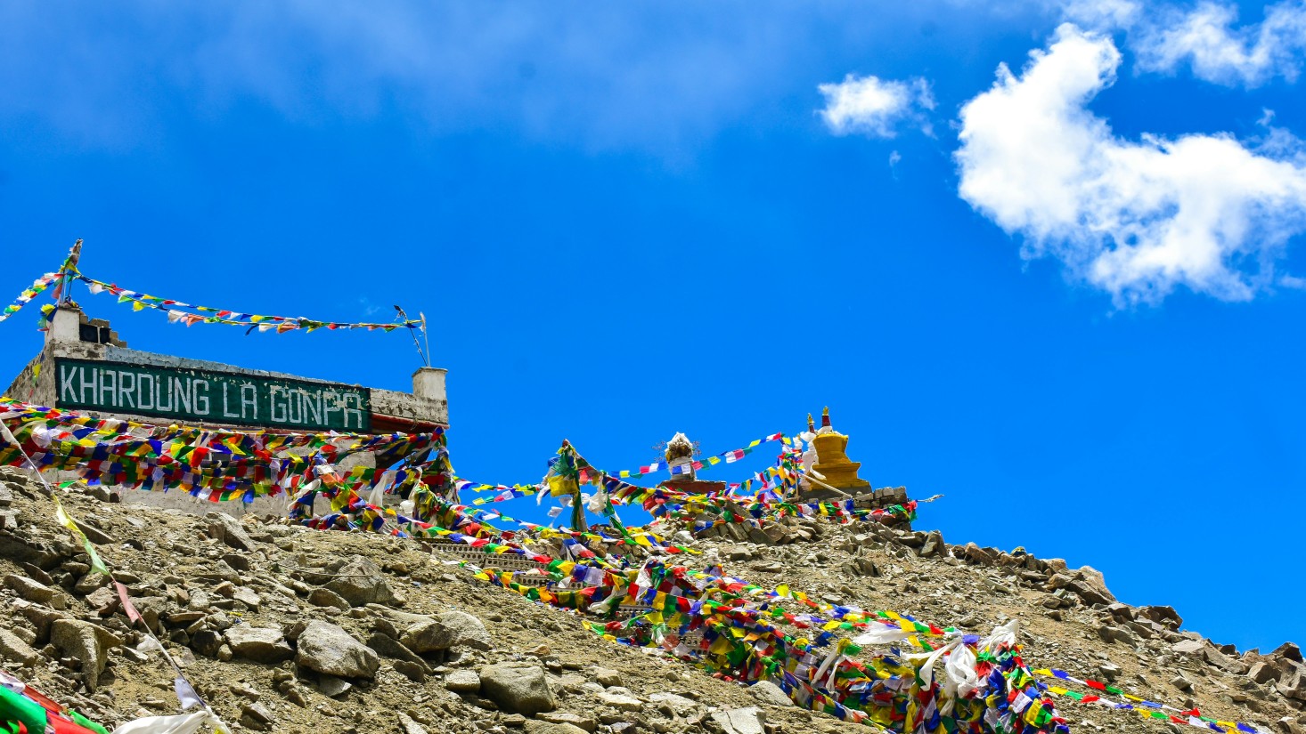 Scenic view of Khardung La Pass in Ladakh, surrounded by snow-capped mountains and winding roads.
