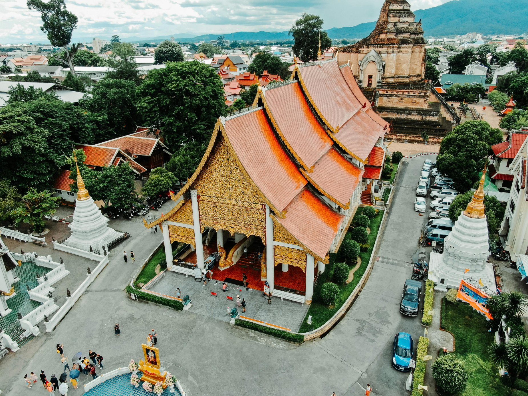 Aerial view of Wat Chedi Luang temple in Chiang Mai, Thailand. 