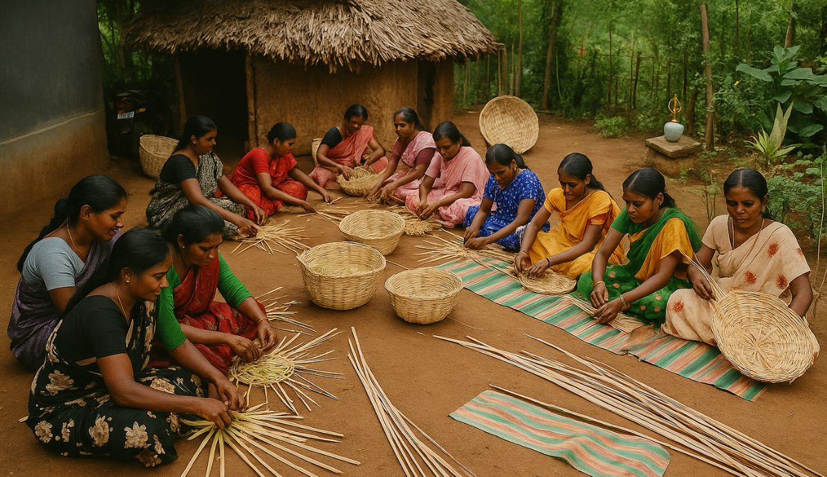 Women weaving bamboo baskets in rural Kerala village, showcasing community volunteering and traditional handicrafts.
