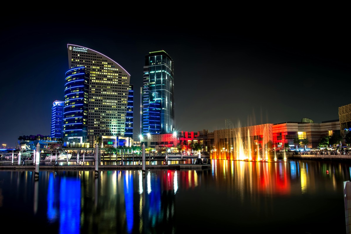 Dubai night view showing Dubai Fountain Show