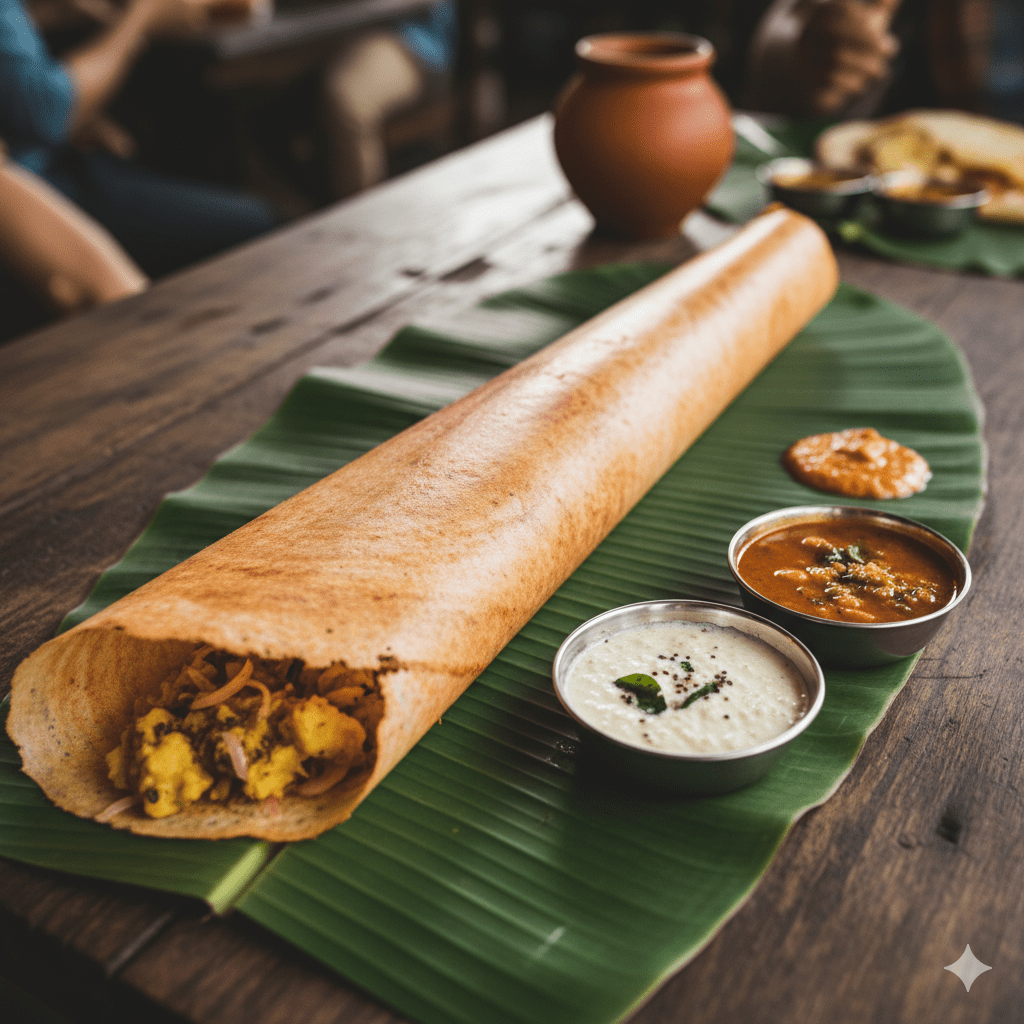 Masala dosa on banana leaf in South India