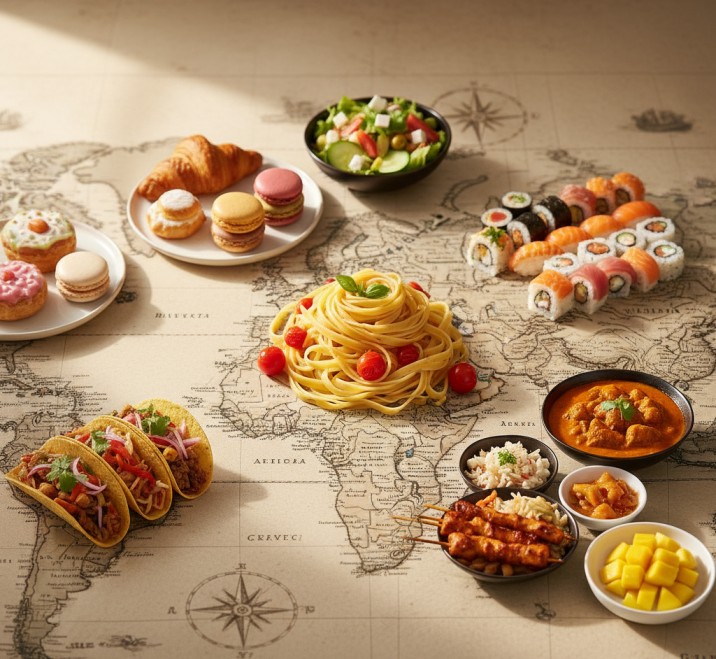 Collage of famous world dishes representing top countries for food lovers.