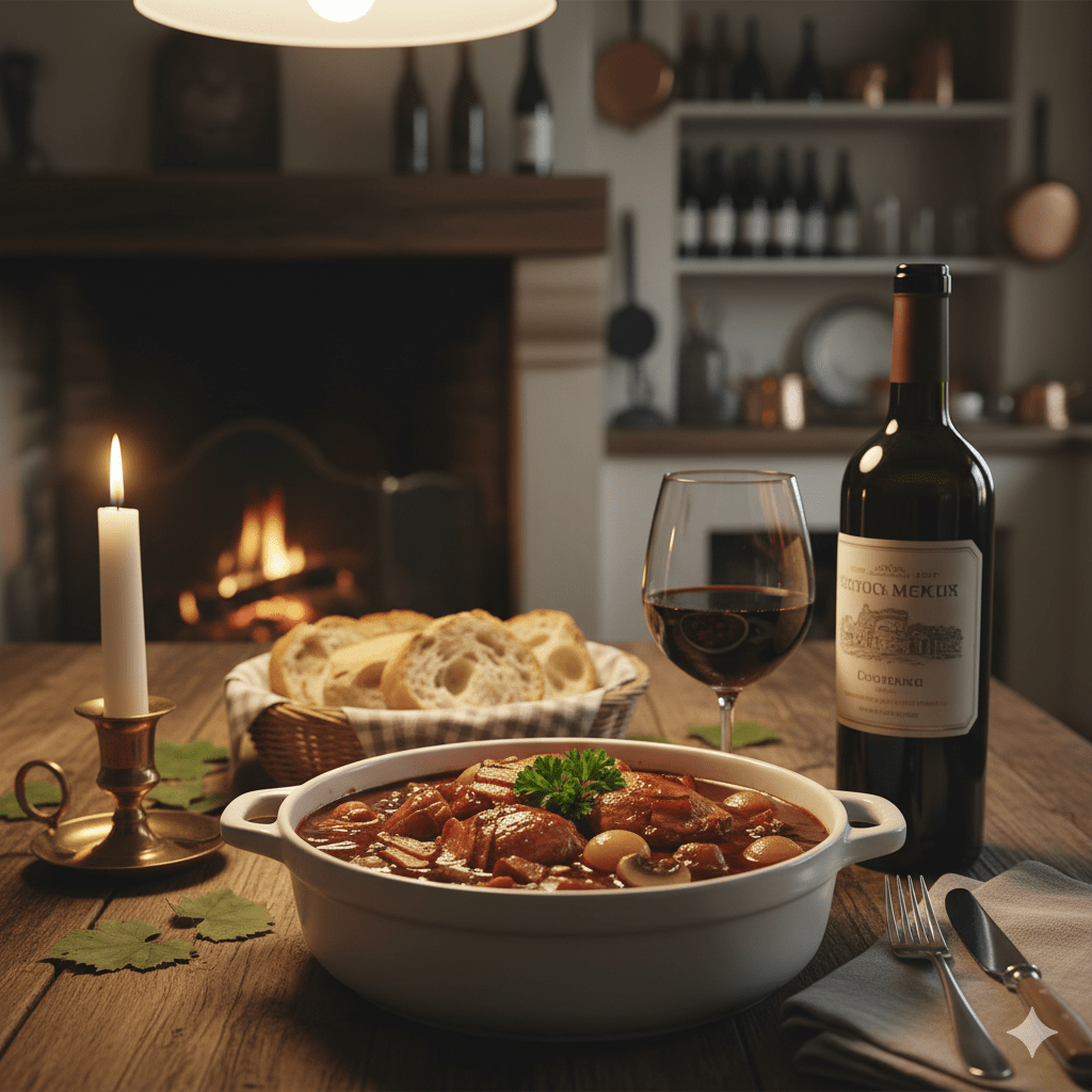 Coq au vin with red wine on rustic French table