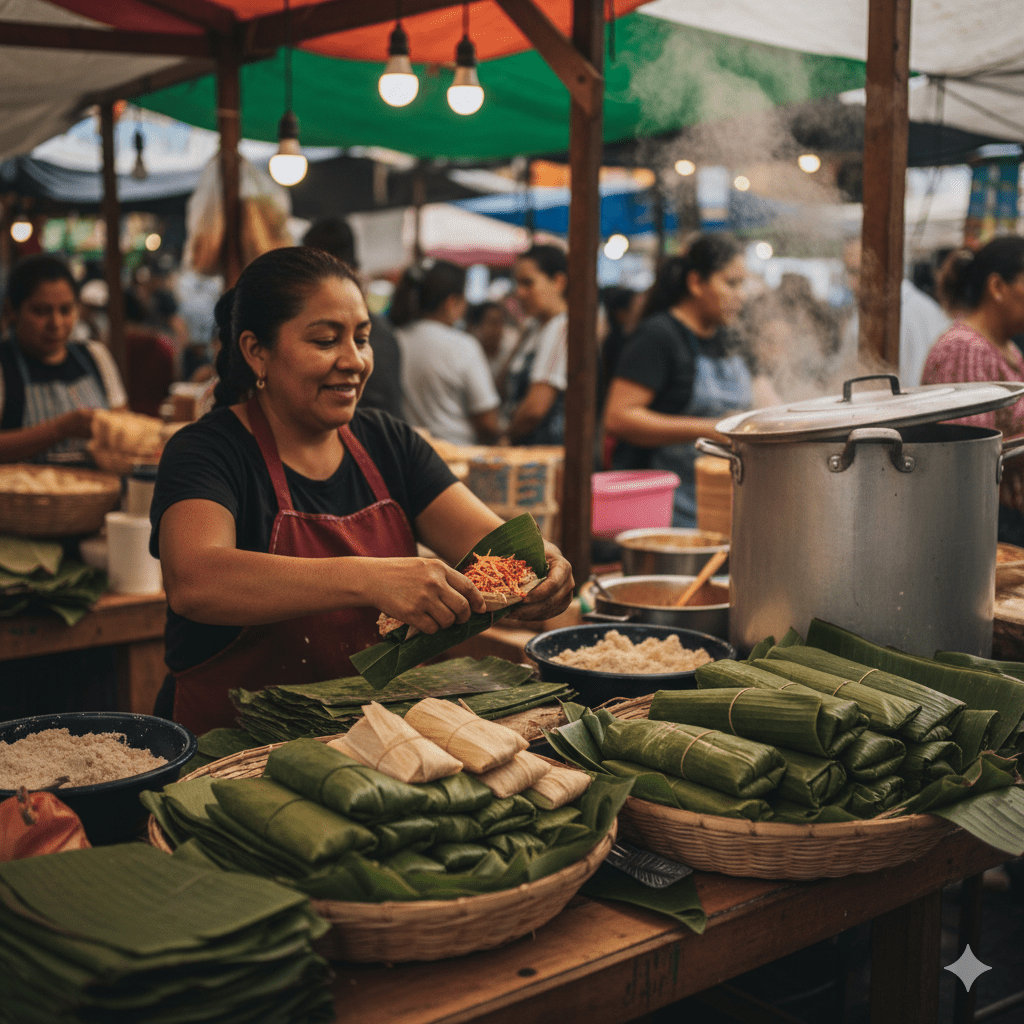 Tamales wrapped in banana leaves in Mexican market