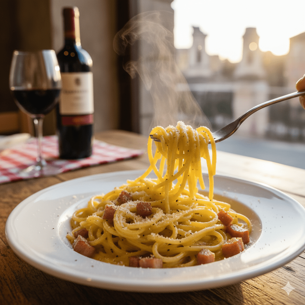 Creamy carbonara pasta from Rome