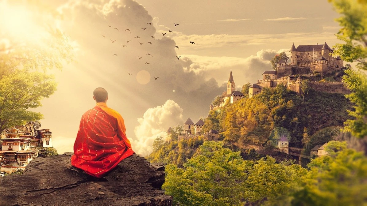 spiritual villages in India , buddhist monk sitting