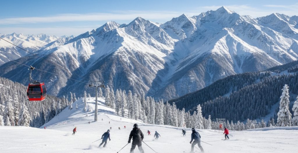 Tourist skiing on snowy slopes in Kufri.
