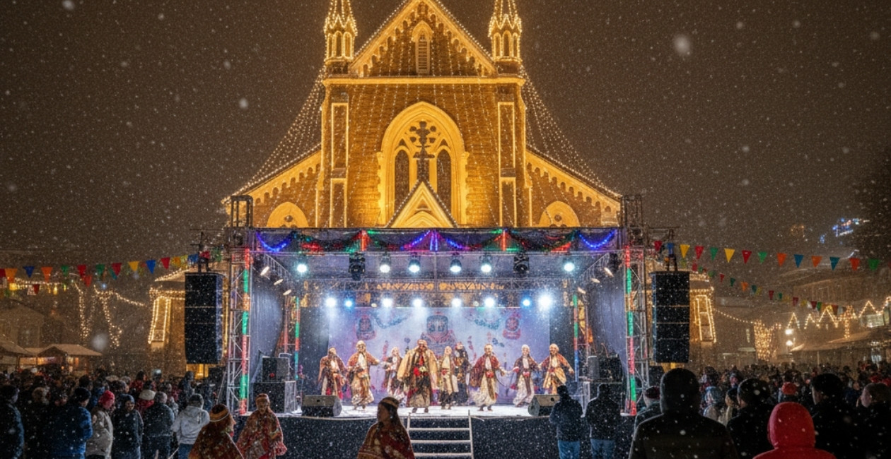 Shimla Ridge during Winter Carnival with Christ Church lit up and snowfall in the evening.