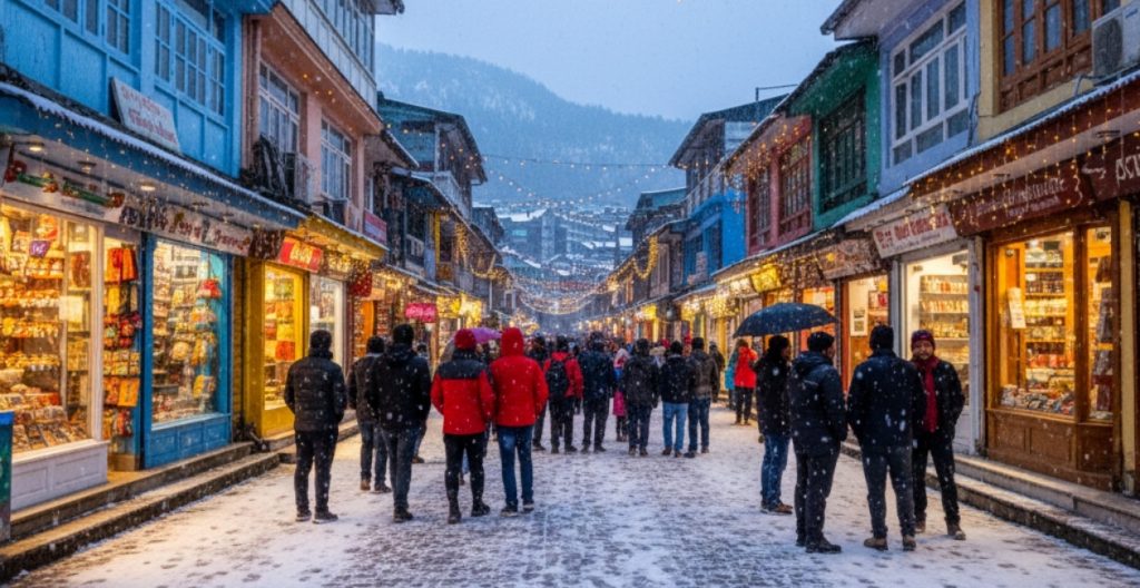 Snowy Shimla Mall Road with tourists and colorful market shops.