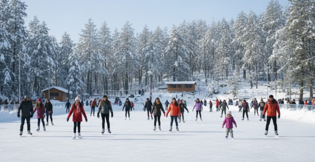 People ice skating at the open-air Shimla ice skating rink.
