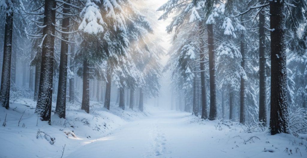 Fresh snowfall in Kufri with pine trees and winter trails.