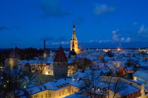 A night stroll through the snowy streets of Tallinn.