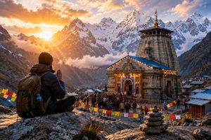 Kedarnath Trip Itinerary 2026 with Kedarnath Temple and Himalayan mountain views at sunrise
